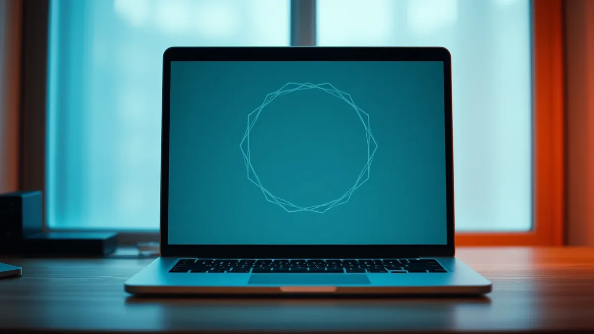 Illustration: A sleek silver laptop sits on a clean wooden desk, its screen displaying a solid, unbroken grey rectangle.