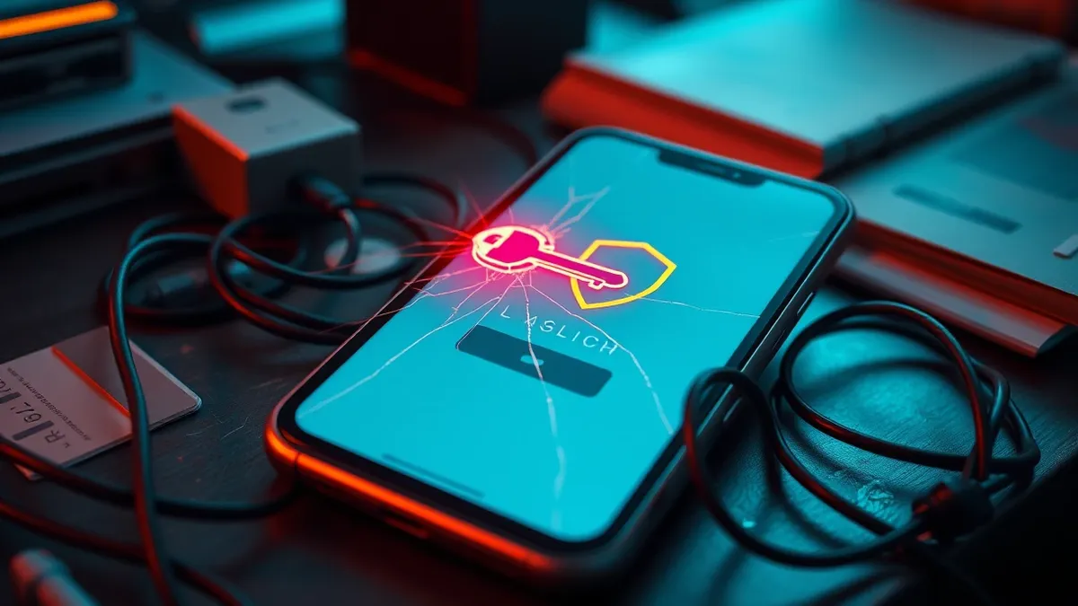 Illustration: A cracked smartphone screen displays a fragmented login interface with a glowing red key hovering over a broken shield icon.