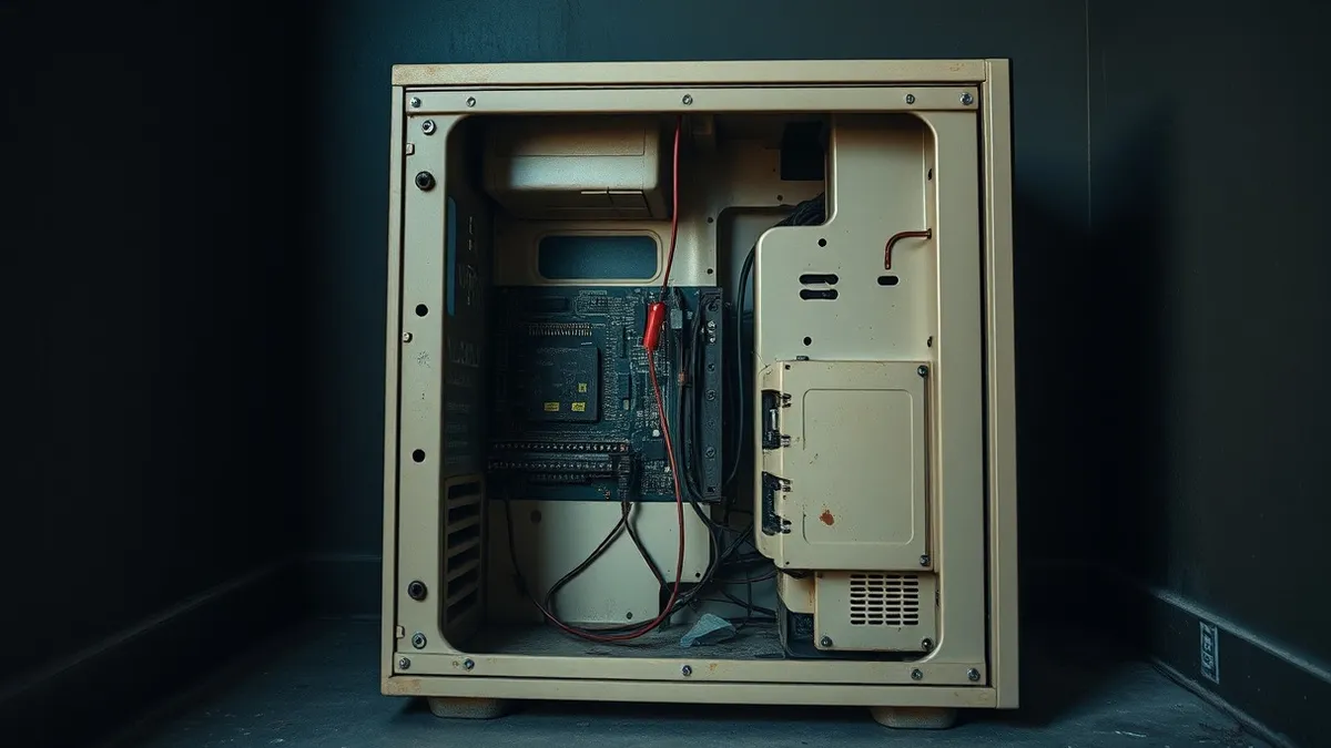 Illustration: A dusty, beige computer tower sits abandoned in a dark corner, its power light completely dead.