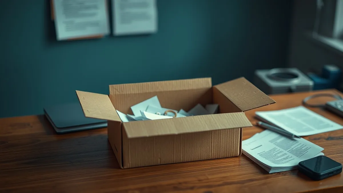 Illustration: An open cardboard box sits on a wooden desk, its contents of loose papers and small objects fully visible to the viewer.
