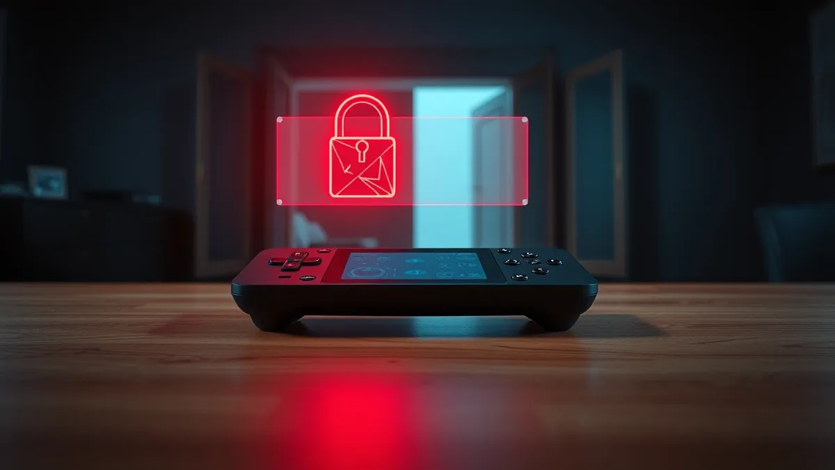 Illustration: A sleek black remote control sits on a polished wooden surface, its screen displaying only abstract geometric shapes.