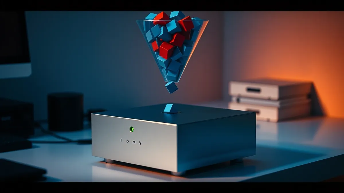Illustration: A sleek silver server box rests on a clean desk, its single green indicator light pulsing steadily.