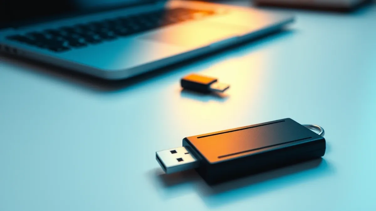 Illustration: A small black rectangular security key rests on a clean white desk surface, its metallic USB connector glinting under soft light.