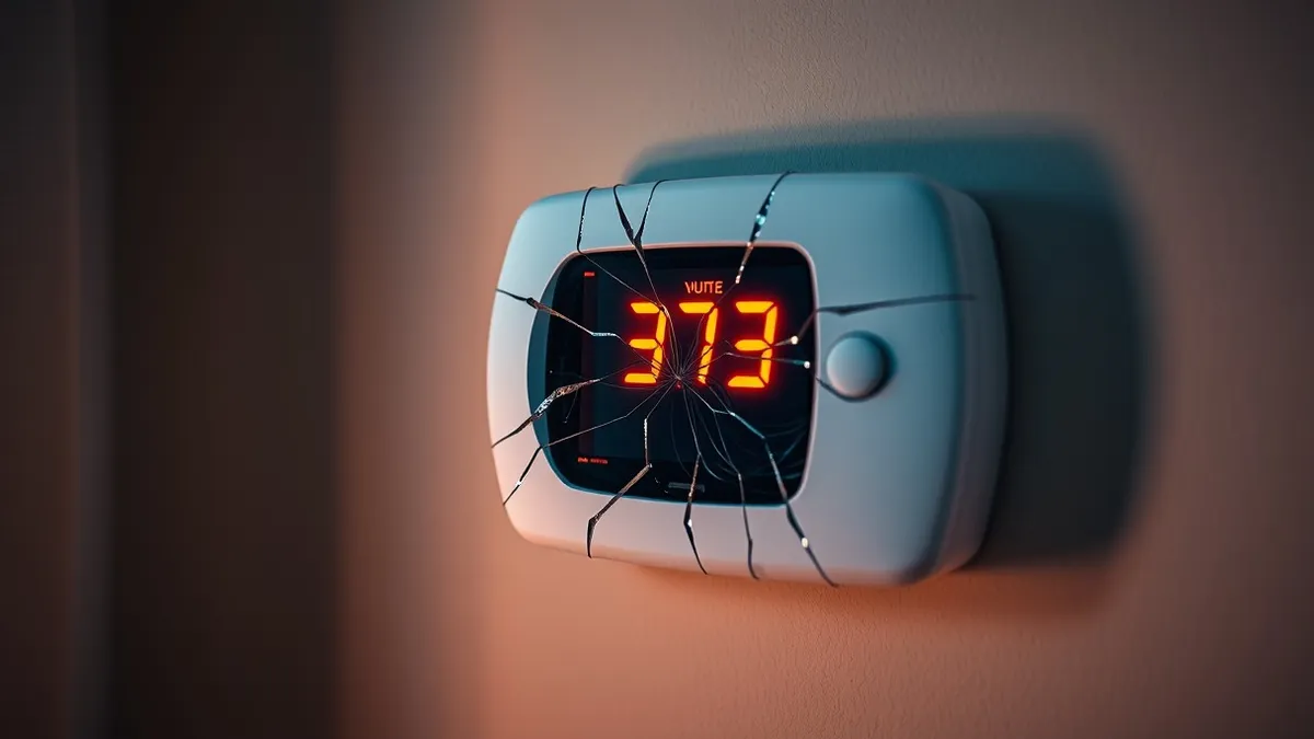 Illustration: A white smart home thermostat sits on a beige wall, its digital display glowing with abstract red warning symbols.