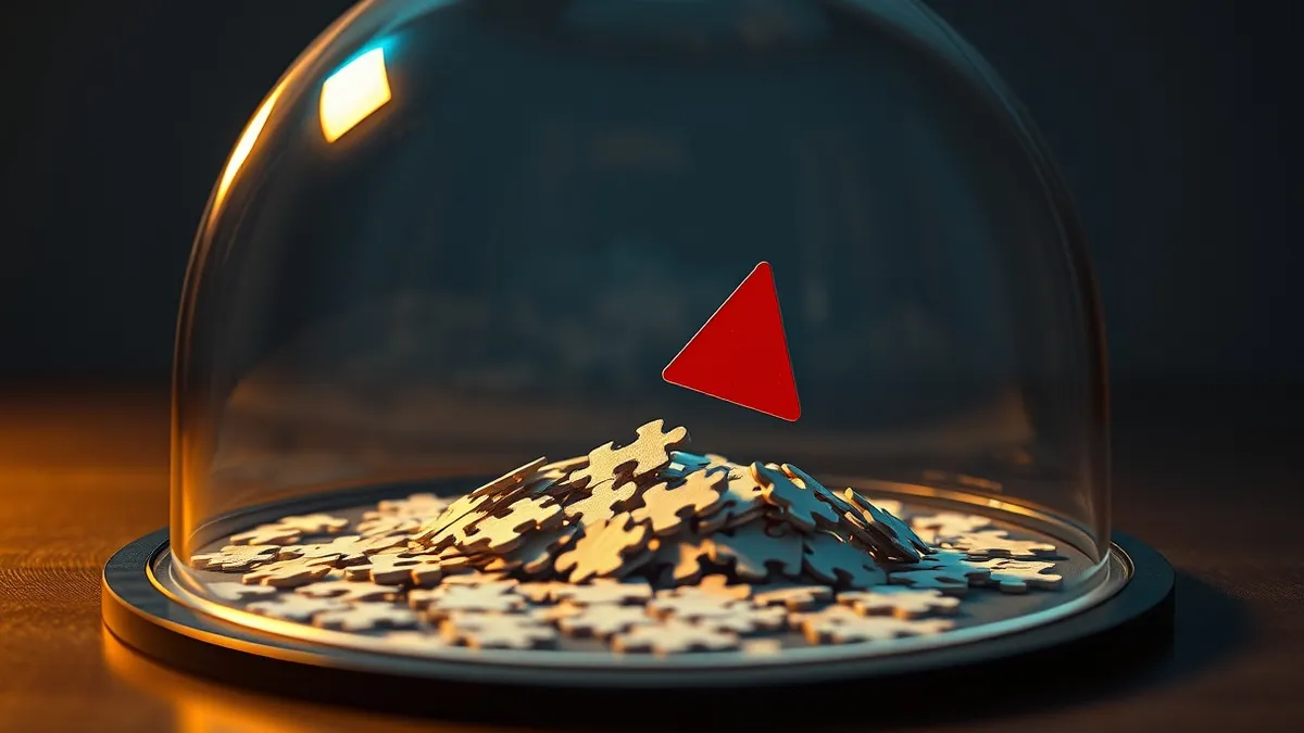 Illustration: A translucent glass dome encases a scattered pile of interlocking geometric puzzle pieces.